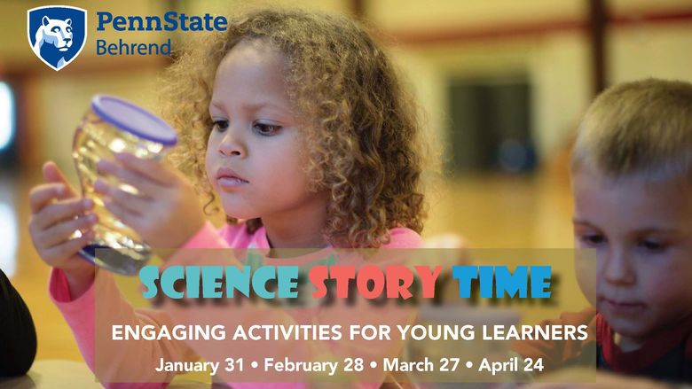 Science Story Time Spring 2020 dates with picture of preschoolers.