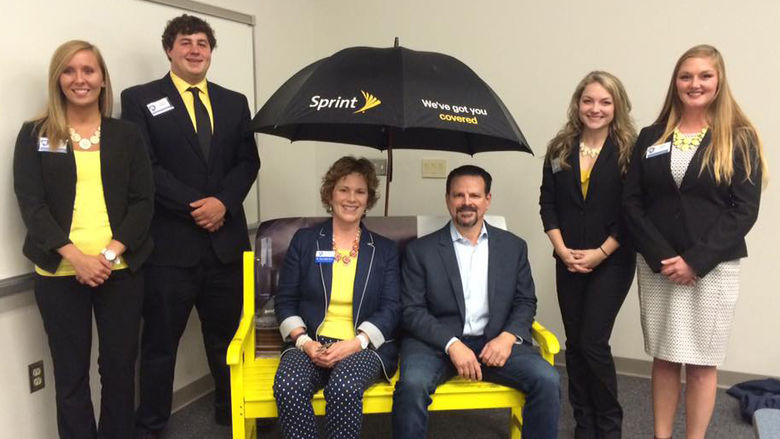 Students in Dr. Mary Beth Pinto’s MKTG 344 Buyer Behavior class competed to create guerrilla marketing plans for Sprint. The winning team, “We’ve Got You Covered”— Shelby Lunz, Becker Nezballa, Nicole Krahe, and Britnee Terrill—are pictured with Pinto and Marc Nachman, regional president for Sprint.