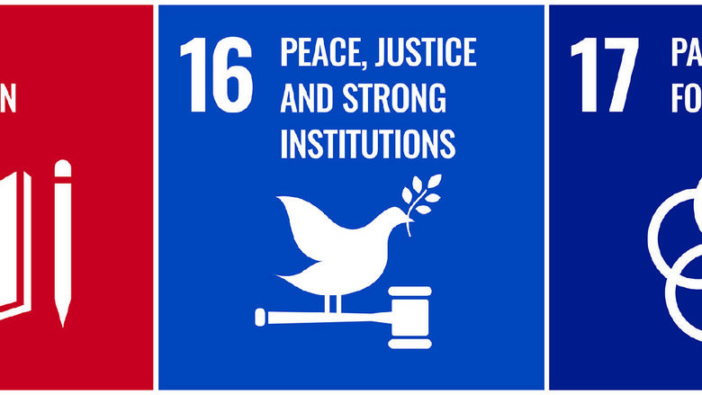 Three icon graphics illustrate the U.N. sustainability goals for education, peace and justice, and partnership.
