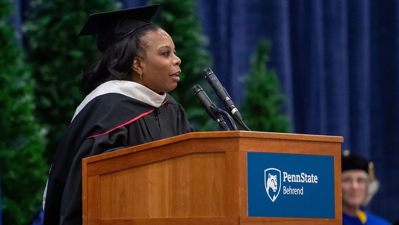 Penn State Behrend alumna Tesha Nesbit speaks during a commencement program.