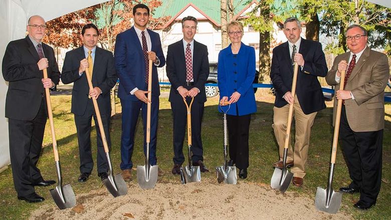 On hand for the November 18 groundbreaking of Trippe Hall were, from left, Stewart Christenson, of Noelker and Hull Associates; Joseph Milicia Jr., of Turner Construction; Moustafa Elhadary, a junior Software Engineering major and president of the college's student government association; Ralph Ford, chancellor; Gail Hurley, associate vice president for auxiliary and business services for Penn State; Mike Lindner, director of housing and food services at Penn State Behrend; and Chris Hurley, senior director