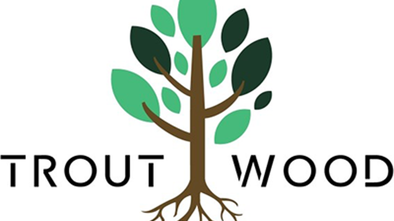 Troutwood text with graphic of tree with light and dark green leaves, as well as trunk and roots