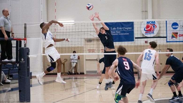 A Penn State Behrend volleyball player blocks a shot during a game.