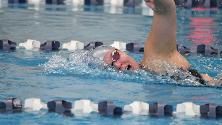 A female swimmer competes in a freestyle race