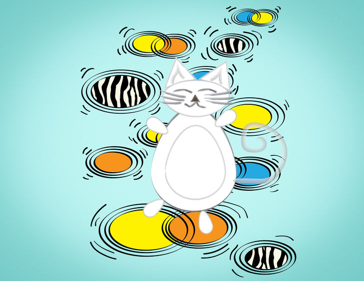 'How Cats Got Their Colors' An illustration of a cartoon cat standing on several different pools of color.