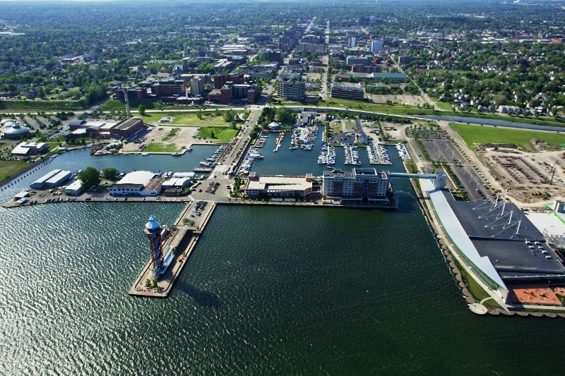 An aerial view of Erie's bayfront