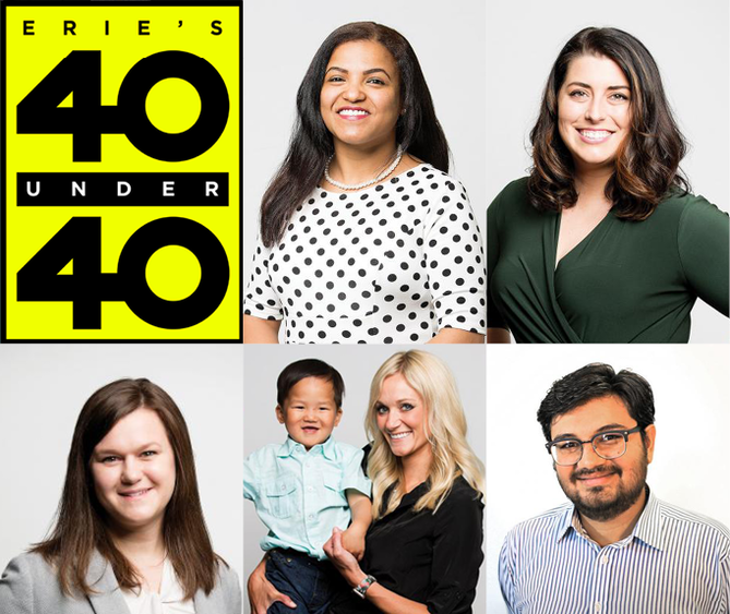 A collage of Penn State Behrend faculty and staff selected for Erie's "40 Under 40"