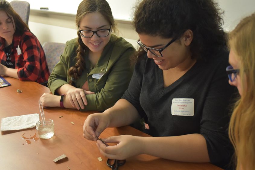 McDowell High School student Samantha Dixon, center, attempts to get her five-cent battery to conduct. 