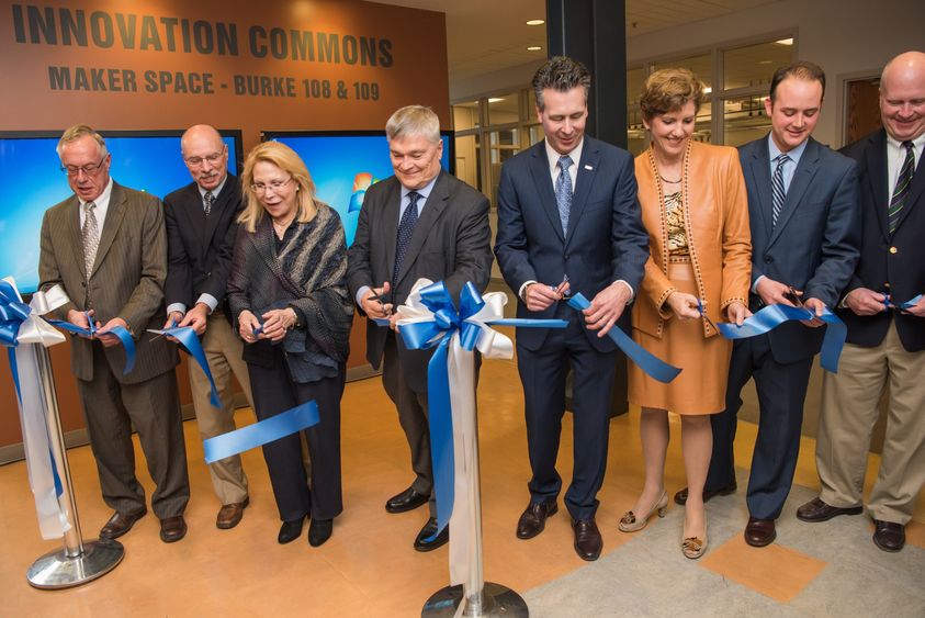 College officials and guests cut the ribbon opening Penn State Behrend's Innovation Commons lab.