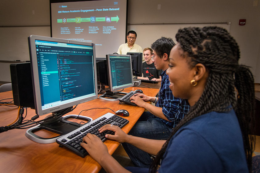Students work in a computer lab at Penn State Behrend