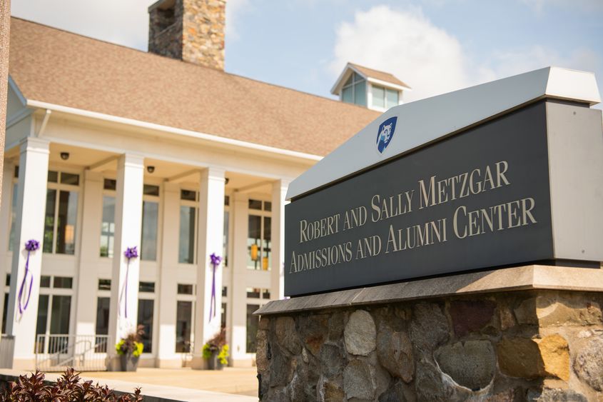 The Metzgar Center at Penn State Behrend Purple ribbons hang on the pillars of Penn State Behrend's Metzgar Center
