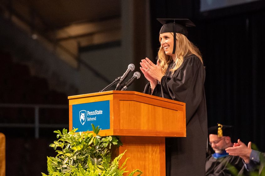 Penn State Behrend commencement speaker Mary (Good) Lawrence at the podium