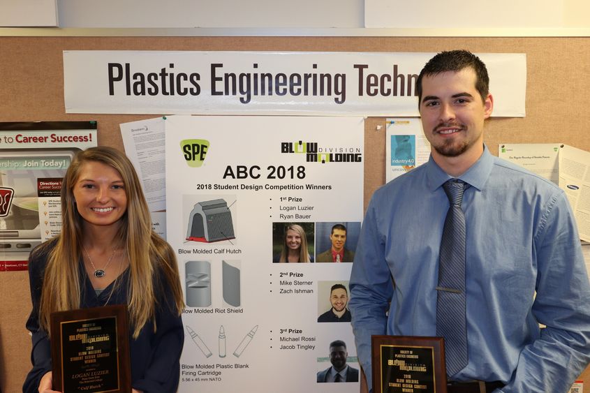 Penn State Behrend students Ryan Bauer, right, and Logan Luzier recently took first place in the Blow Molded Parts Competition at the 34th annual Blow Molding Conference, held earlier this semester in Pittsburgh.