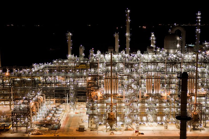 A nighttime photo of an ethane cracker plant