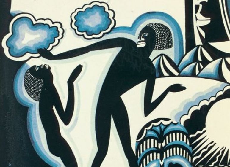 Two human forms appear beneath clouds in an illustration from "The New Negro: An Interpretation"