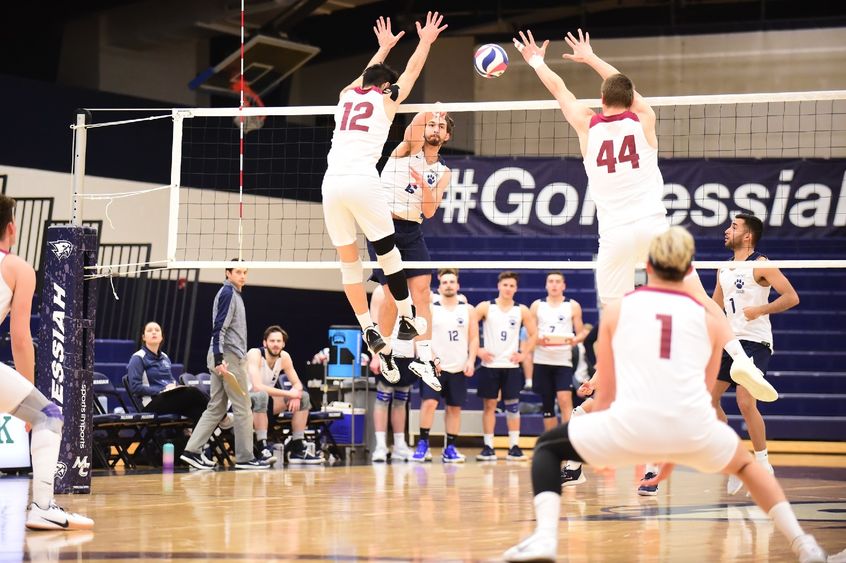 A Penn State Behrend volleyball player jumps to spike the ball over two blocking opponents.
