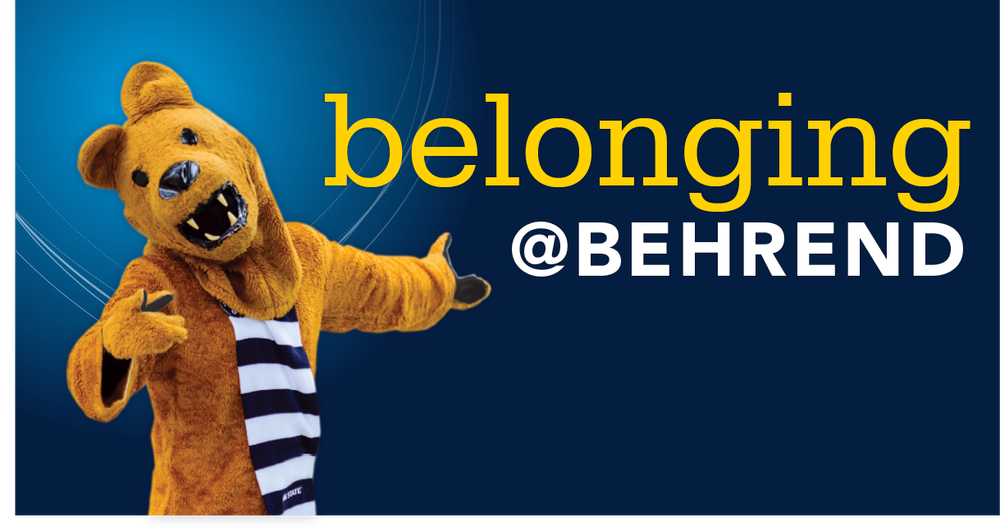 An illustration with the words "Belonging @ Behrend" next to the Nittany Lion.