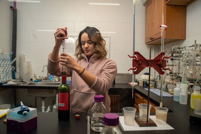 Penn State Behrend student Roni Stefanick works in the chemistry lab at Mazza Vineyards
