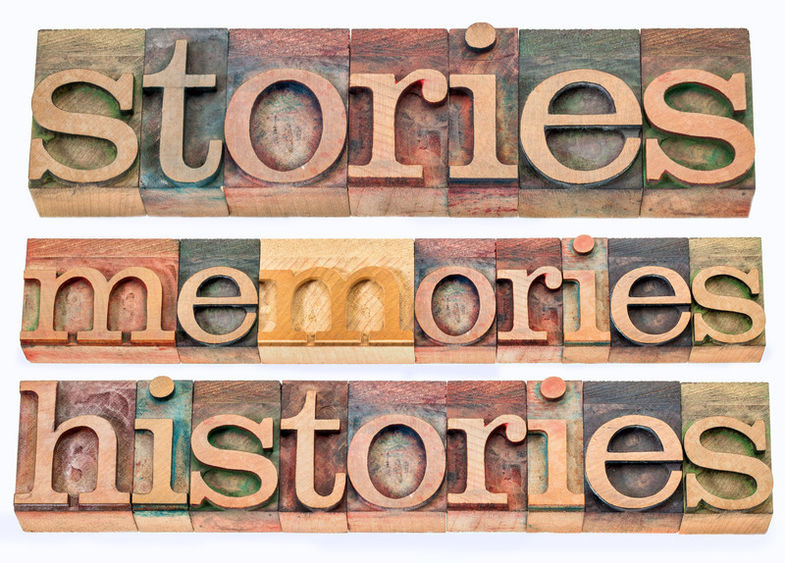 An illustration of wood-block letters spelling "stories, memories, histories."