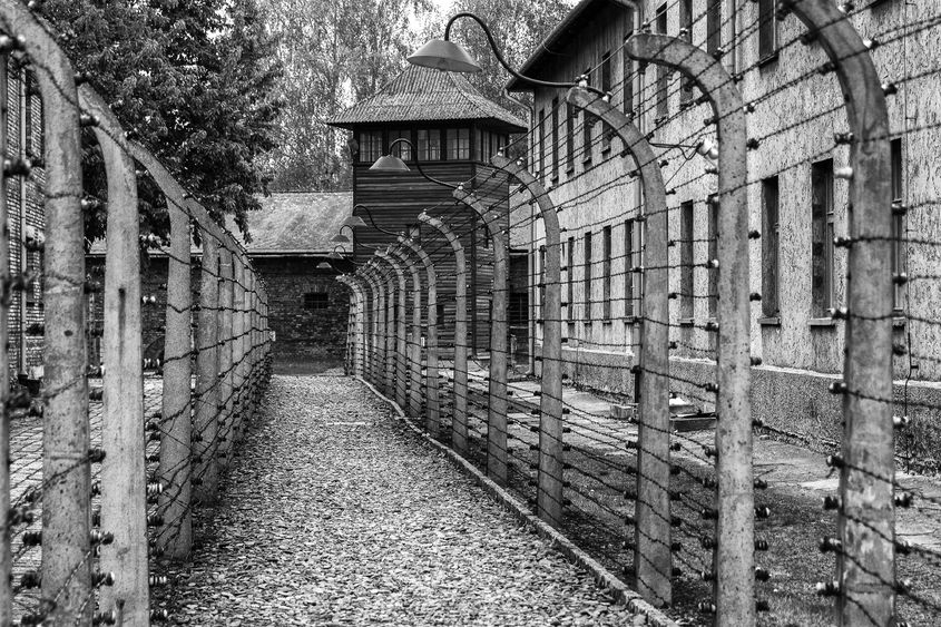 An external photo of a concentration camp from World War II.