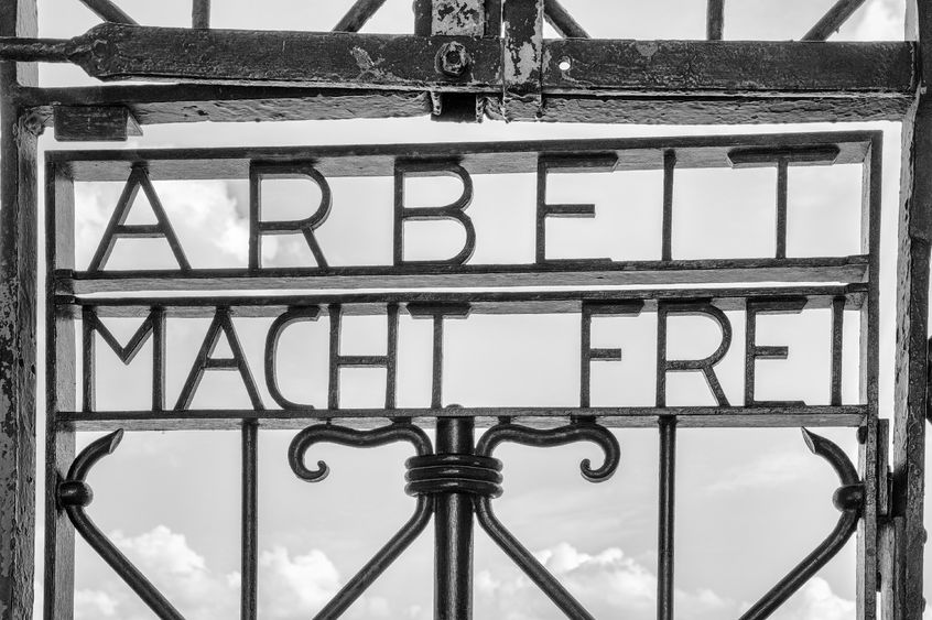 A close-up of the gate to the Dachau concentration camp
