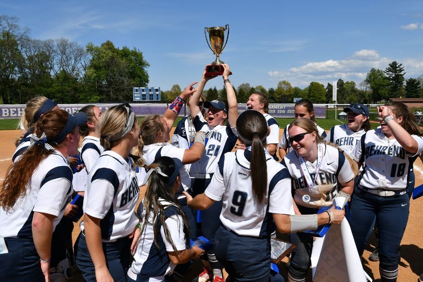 The Penn State Behrend softball team celebrates its ninth AMCC championship.