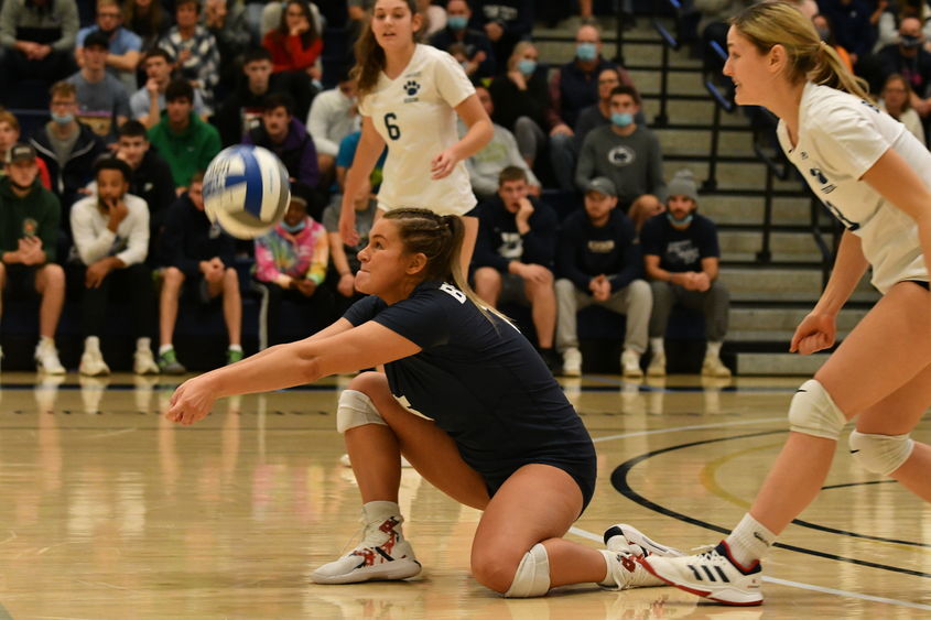 Penn State Behrend volleyball player Maddie Clapper hits a dig during a game.