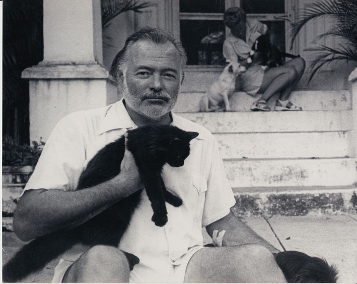 Ernest Hemingway holding a cat.