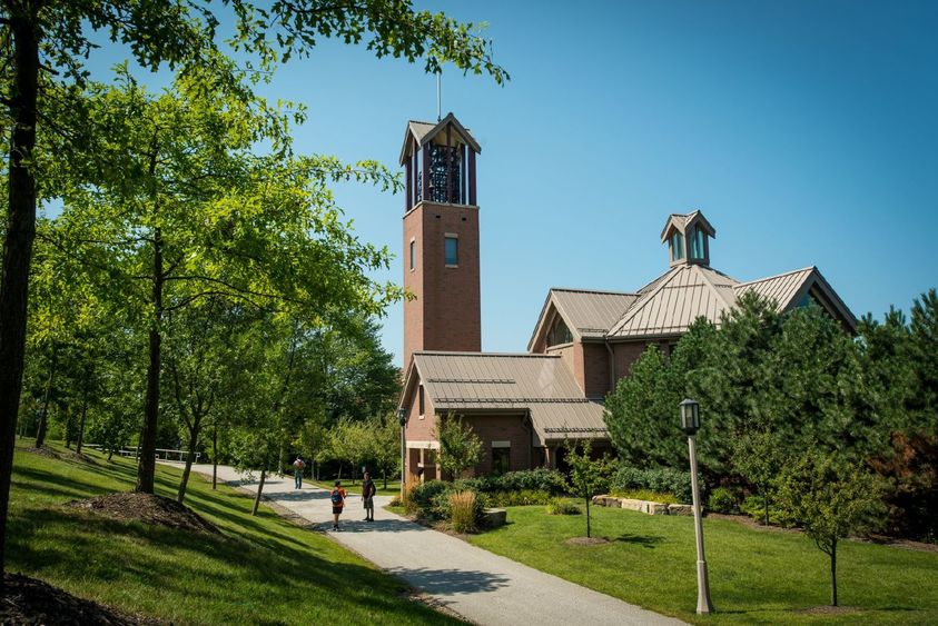 An exterior photo of the Smith Chapel and Carillon at Penn State Behrend