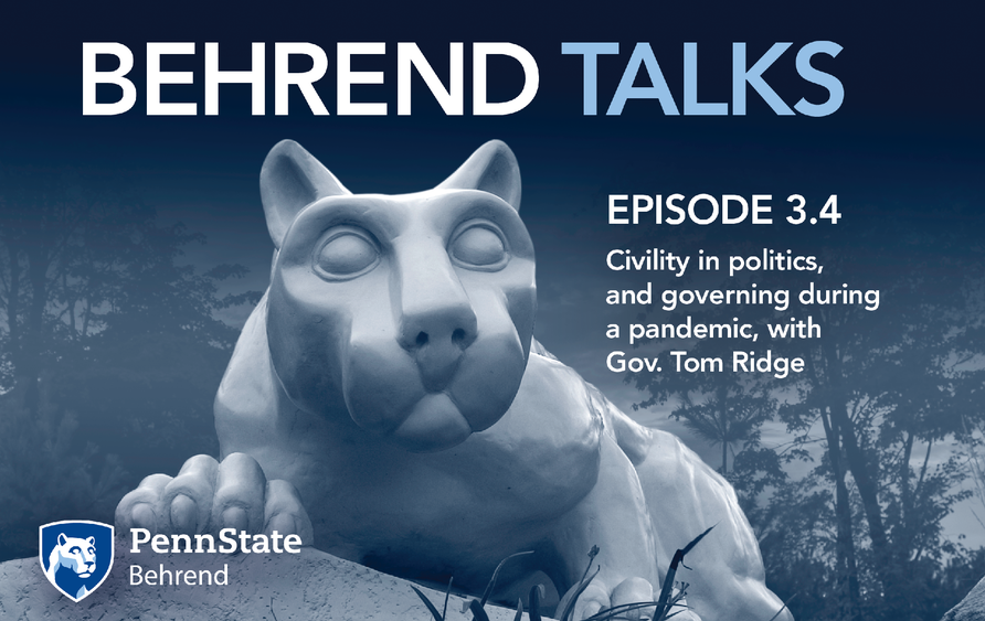 An illustration of the Nittany Lion advertises the new episode of the "Behrend Talks" podcast.
