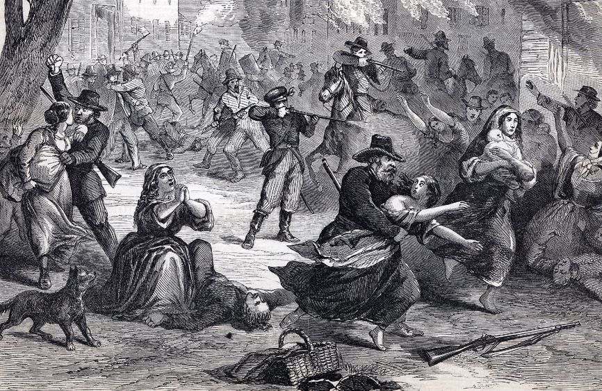 A drawing of the attack on Lawrence, Kansas, in 1863