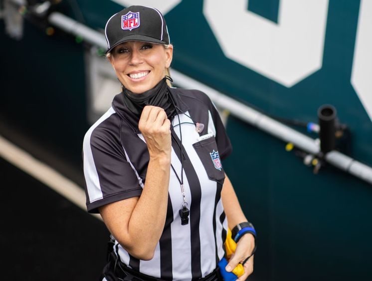 An on-field photograph of Sarah Thomas, the first female NFL official.