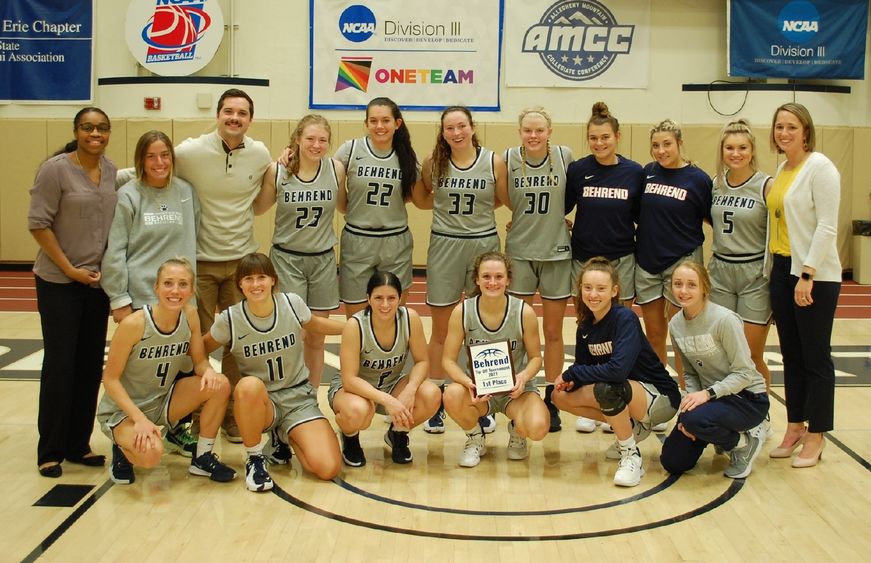 A group photo of the Penn State Behrend women's basketball team, which won the Tip-Off Tournament.