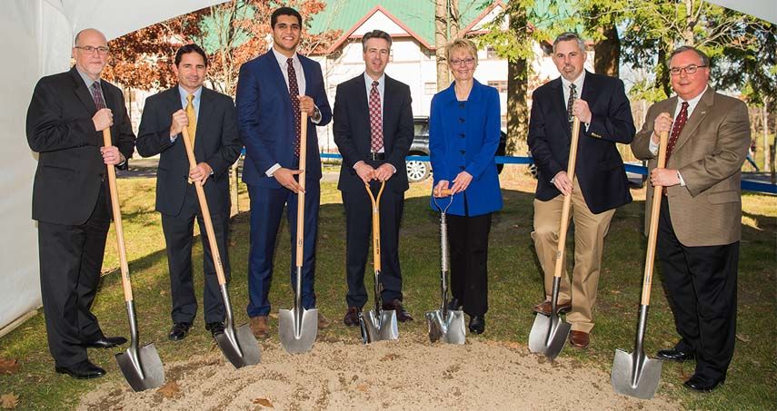 On hand for the November 18 groundbreaking of Trippe Hall were, from left, Stewart Christenson, of Noelker and Hull Associates; Joseph Milicia Jr., of Turner Construction; Moustafa Elhadary, a junior Software Engineering major and president of the college's student government association; Ralph Ford, chancellor; Gail Hurley, associate vice president for auxiliary and business services for Penn State; Mike Lindner, director of housing and food services at Penn State Behrend; and Chris Hurley, senior director