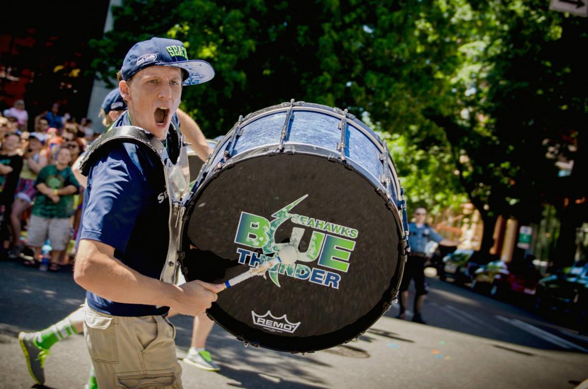 Brian Forsman '04 drums with Blue Thunder, the Seattle Seahawks drumline.