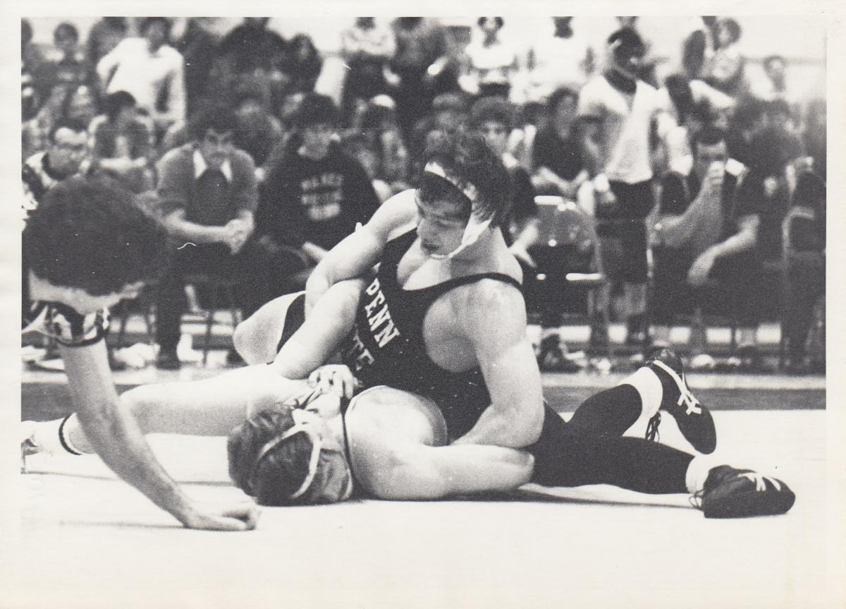 An archival photo of a Penn State Behrend wrestler.