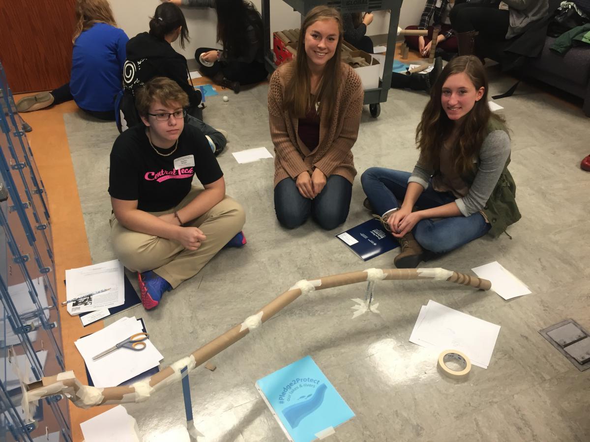 The team of Taylor Rango, Samantha Rose and Lilli Mason, pictured from left to right, participated in the Pipeline Challenge workshop as part of Women in Engineering Day at Penn State Behrend. 