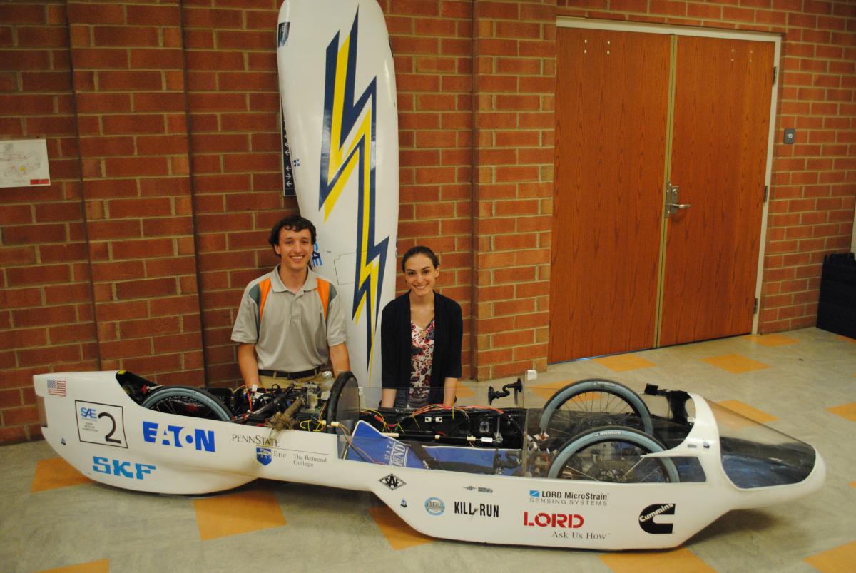 Cody Colpo and Katie Burbules are shown pictured with the hybrid car they entered in this year's Supermileage Competition.