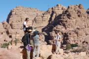 A film crew interviews Leigh-Ann Bedal in Petra, in ancient Jordan