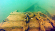 An underwater photo of a Lake Erie shipwreck.