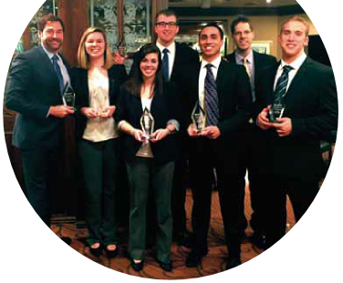 From left, Dr. Greg Filbeck, Samantha Chiprean, Kelsey Schupp, Eric Frei, Ricky Grullon, industry adviser Josh Armstrong, and Drew Barko.