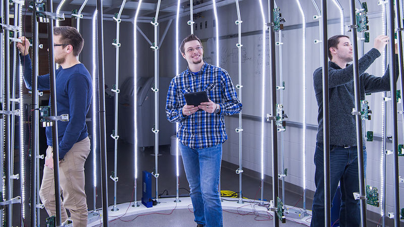 Three students work in the Innovation Commons idea lab at Penn State Behrend