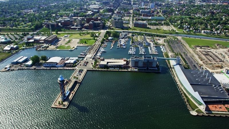 An aerial view of Erie's bayfront