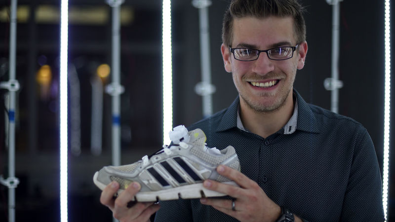 Wes Hall Penn State Behrend graduate Wes Hall holds the Lace-N-Lock shoe-tying device.